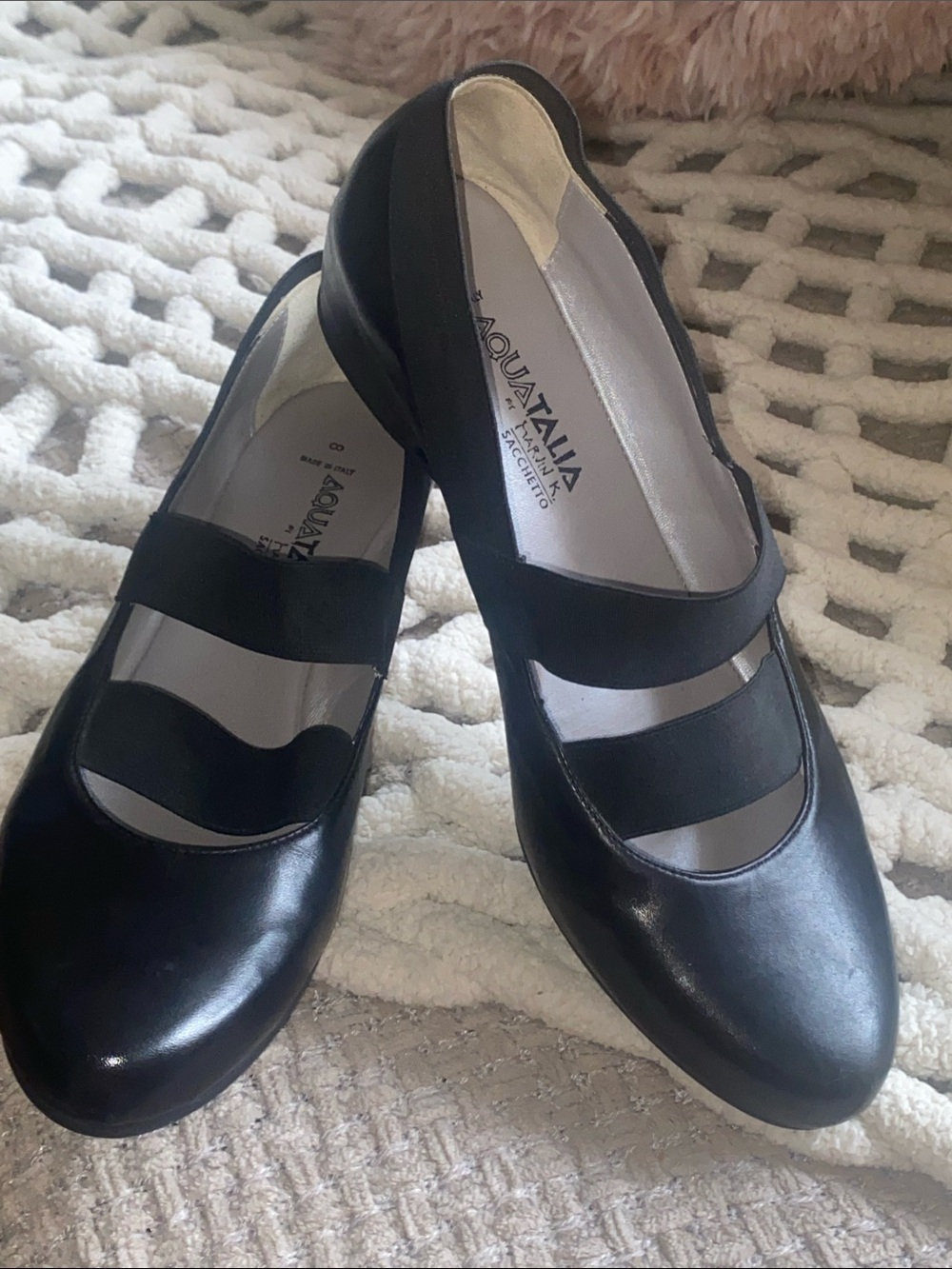 Aquatalia Black Leather Mary Jane-Style Platform Elastic-Strap Platform Size 8M.
